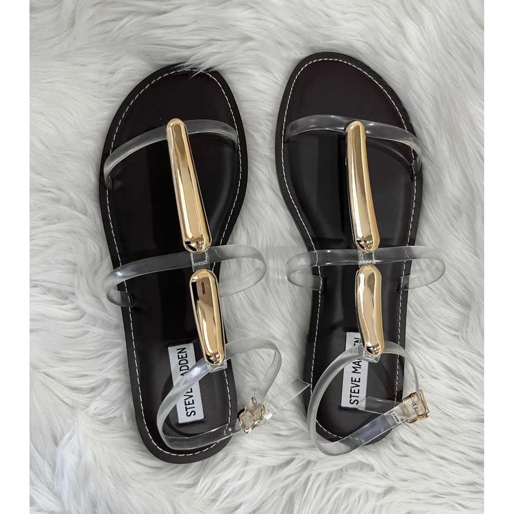 Steve Madden Women's Clear & Gold Strappy Flat Sandals Size 9.5 New